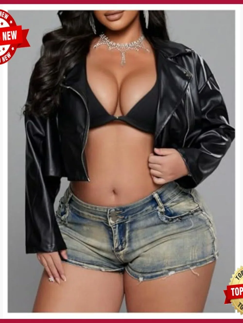 Plus Size Faux Leather Bomber Jacket Crop Motorcycle Biker Coat